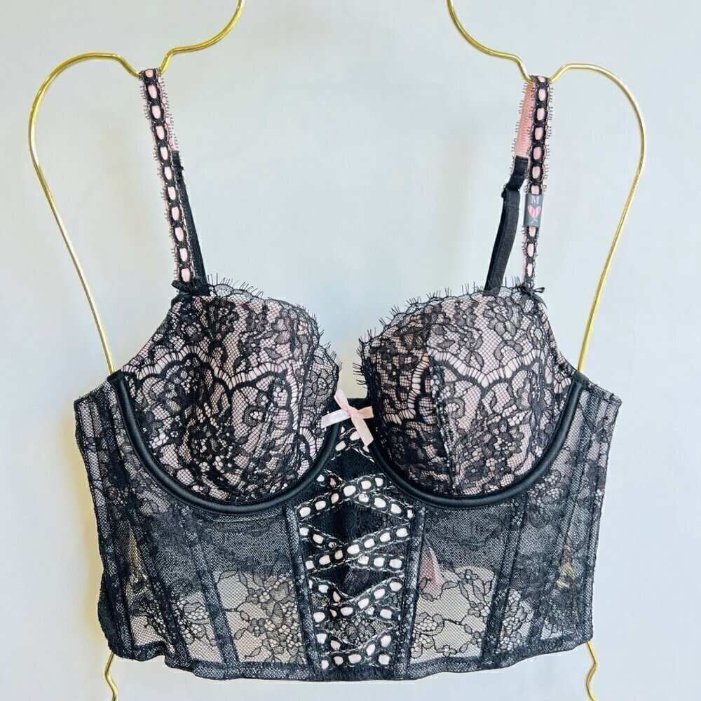 Victoria's Secret NWT lightly lined corset lace top, Black/pink, Size M